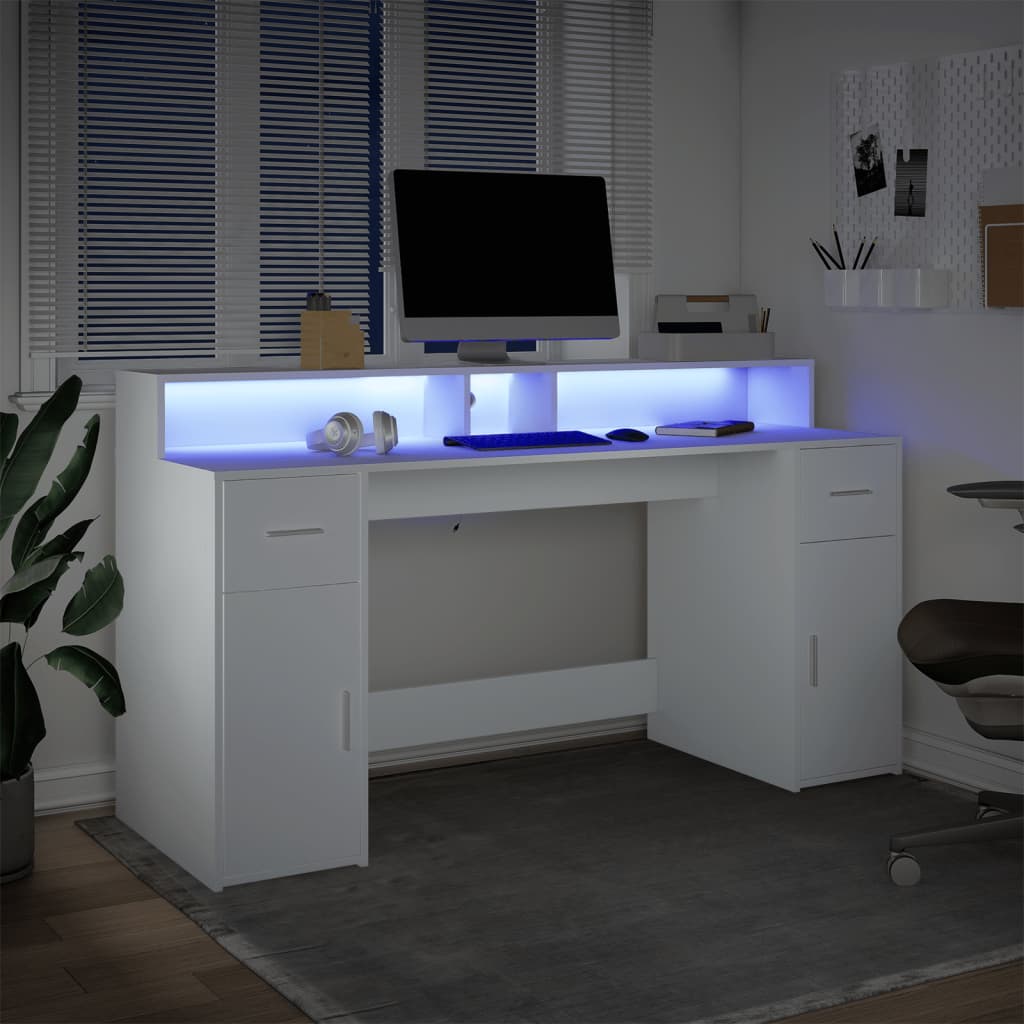 Modern Wooden 160cm Home Office Computer Desk Table With LED Lights & Storage