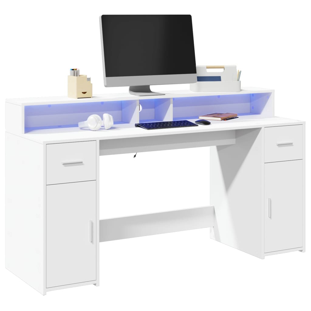 Modern Wooden 160cm Home Office Computer Desk Table With LED Lights & Storage