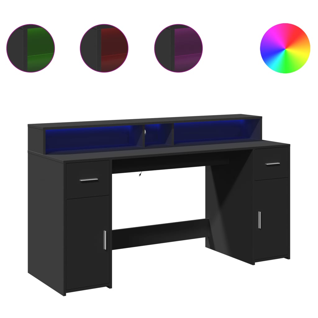 Modern Wooden 160cm Home Office Computer Desk Table With LED Lights & Storage