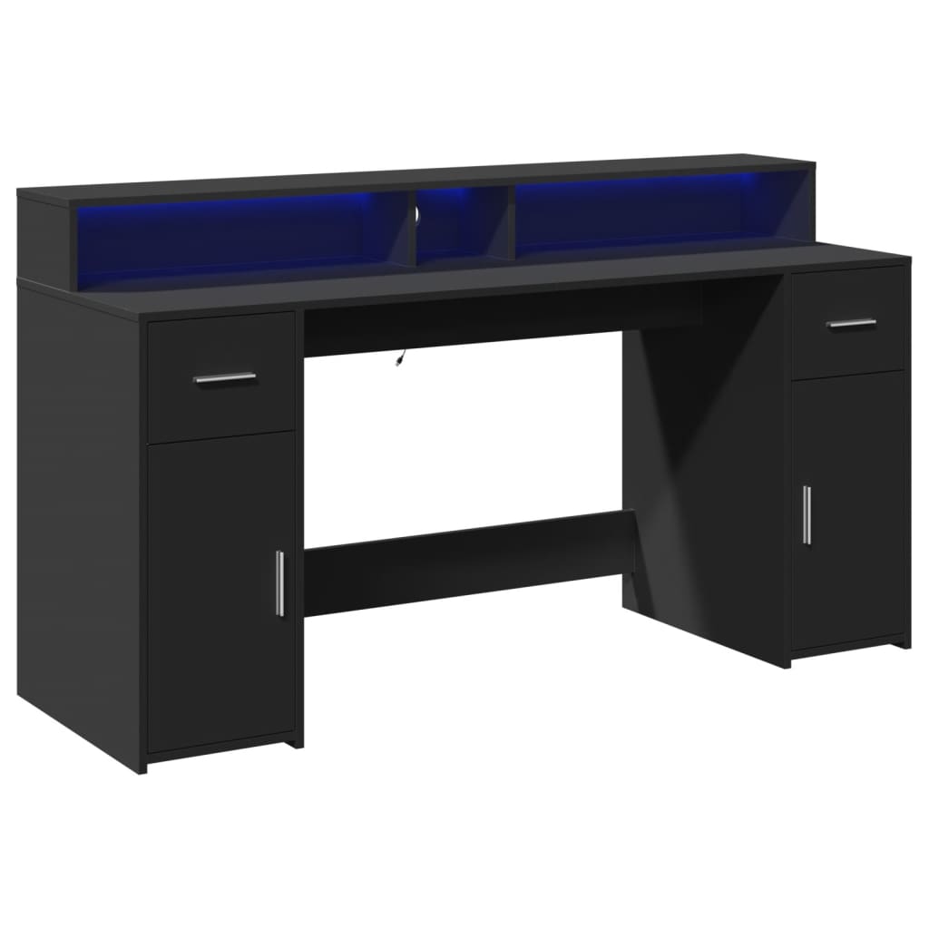 Modern Wooden 160cm Home Office Computer Desk Table With LED Lights & Storage