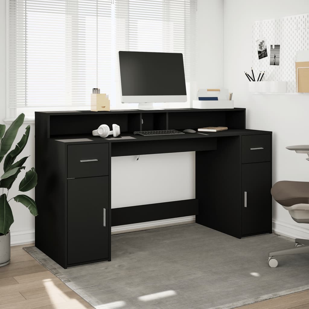 Modern Wooden 160cm Home Office Computer Desk Table With LED Lights & Storage