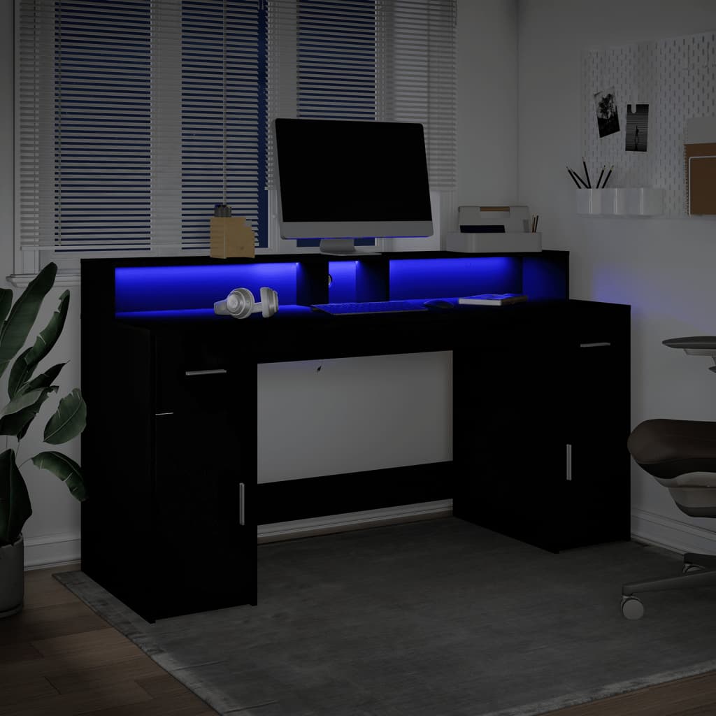 Modern Wooden 160cm Home Office Computer Desk Table With LED Lights & Storage