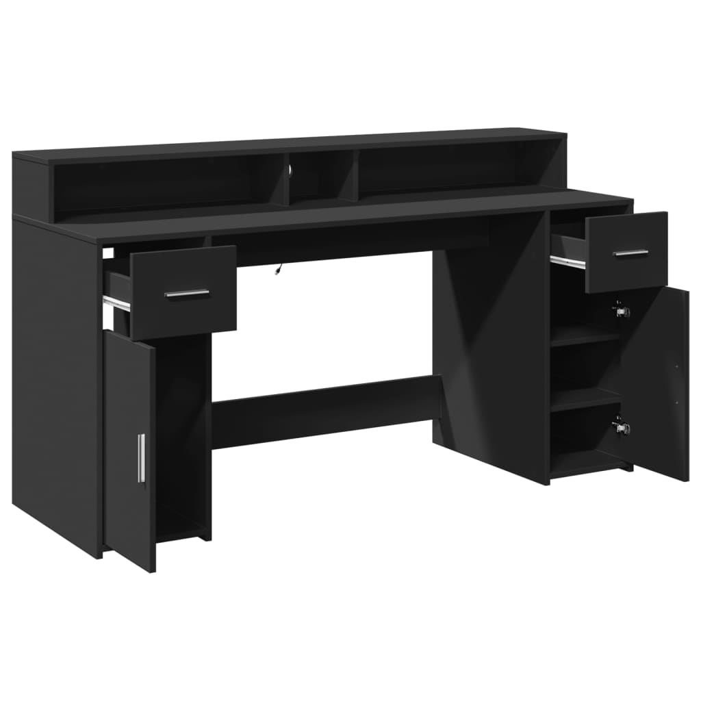 Modern Wooden 160cm Home Office Computer Desk Table With LED Lights & Storage