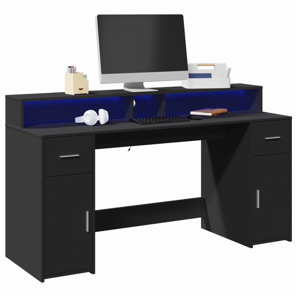 Modern Wooden 160cm Home Office Computer Desk Table With LED Lights & Storage