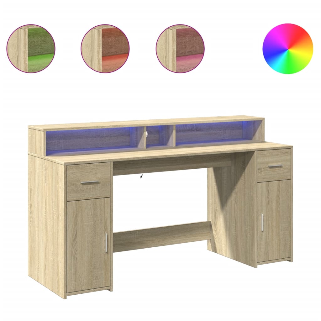 Modern Wooden 160cm Home Office Computer Desk Table With LED Lights & Storage