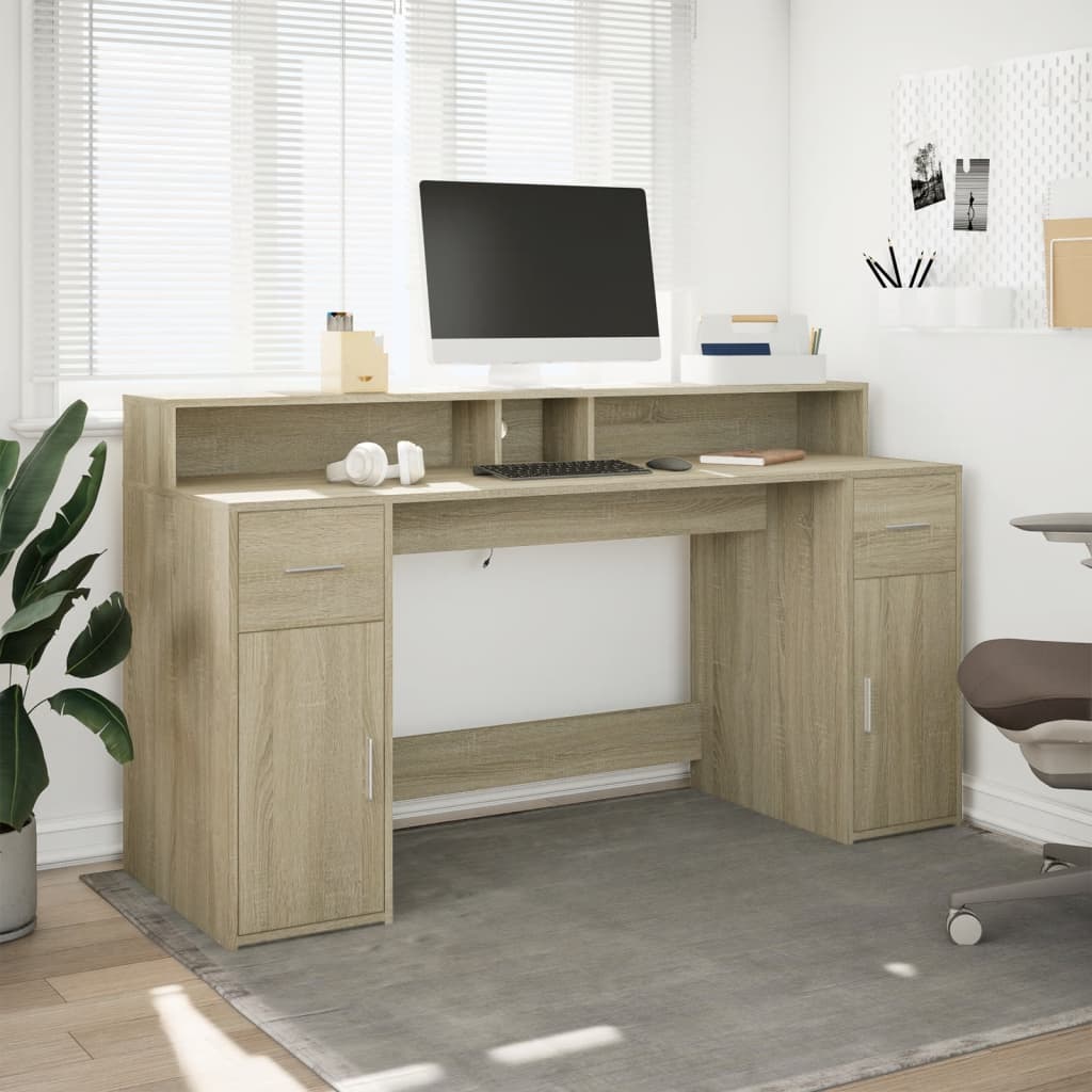 Modern Wooden 160cm Home Office Computer Desk Table With LED Lights & Storage
