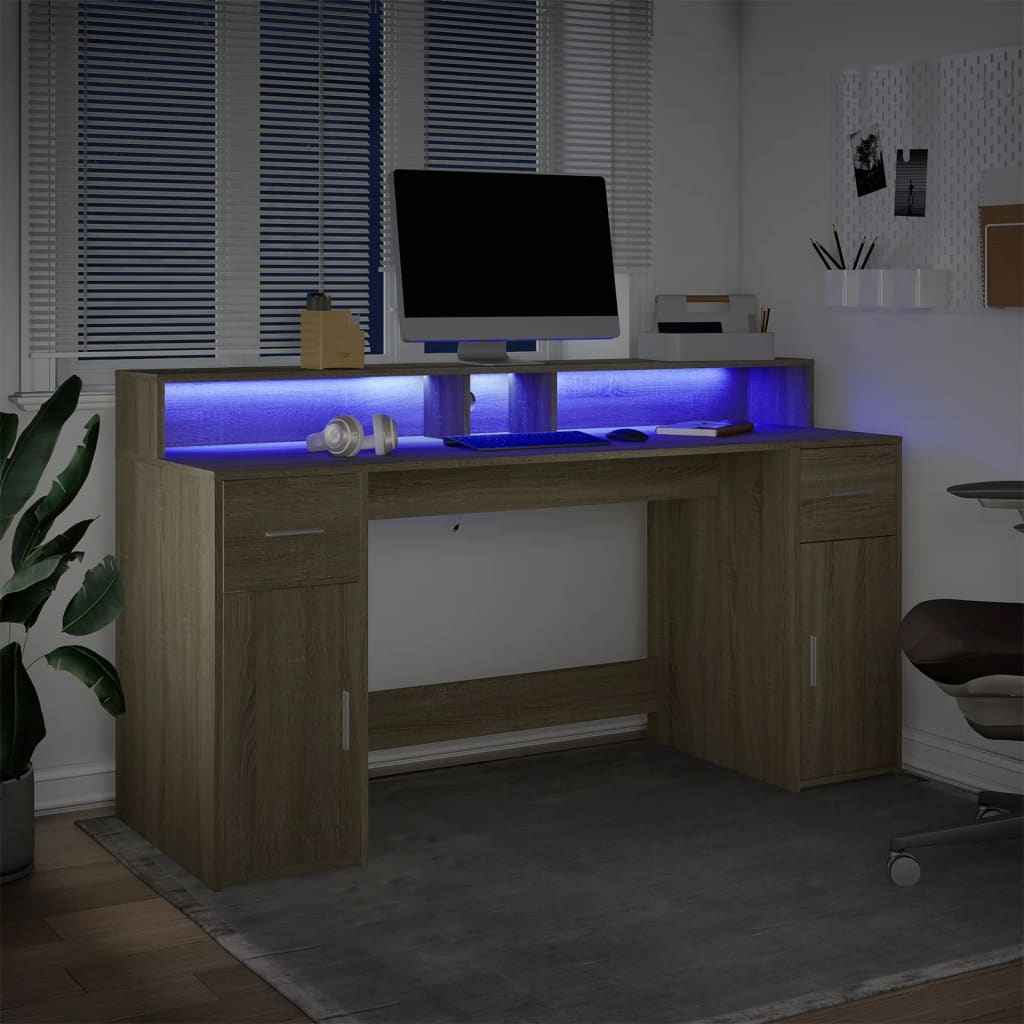 Modern Wooden 160cm Home Office Computer Desk Table With LED Lights & Storage