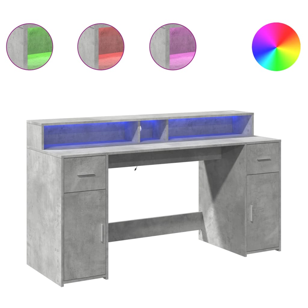 Modern Wooden 160cm Home Office Computer Desk Table With LED Lights & Storage