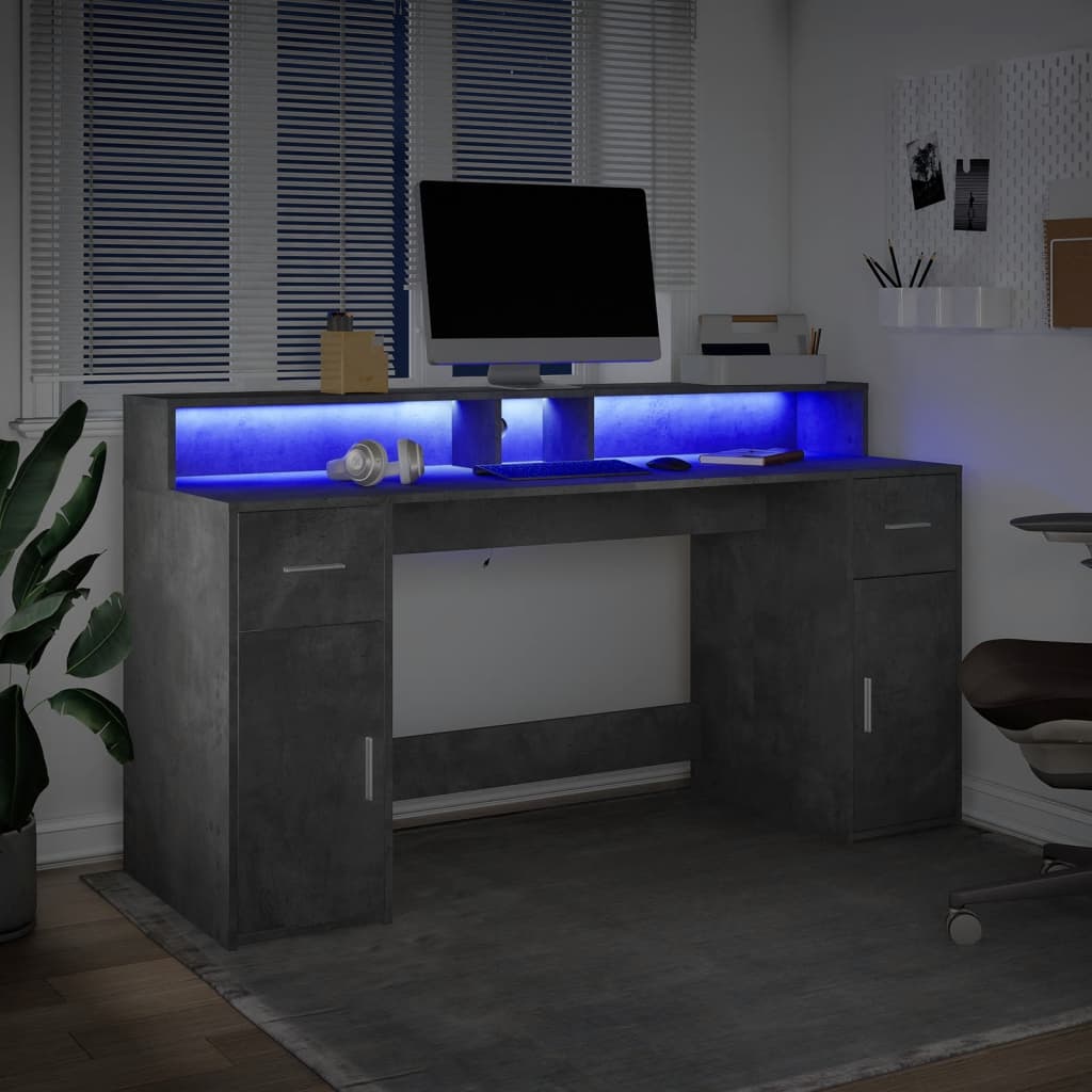 Modern Wooden 160cm Home Office Computer Desk Table With LED Lights & Storage