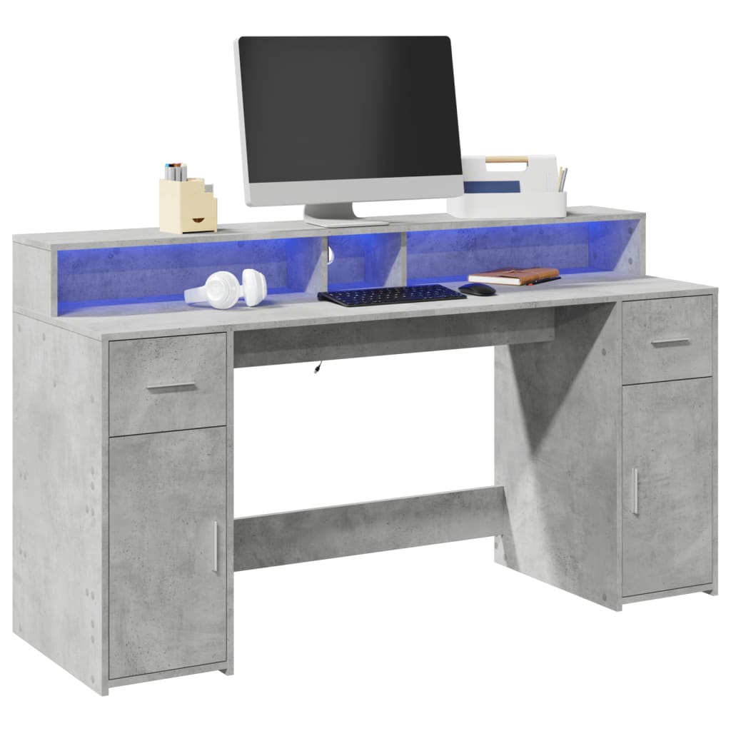 Modern Wooden 160cm Home Office Computer Desk Table With LED Lights & Storage