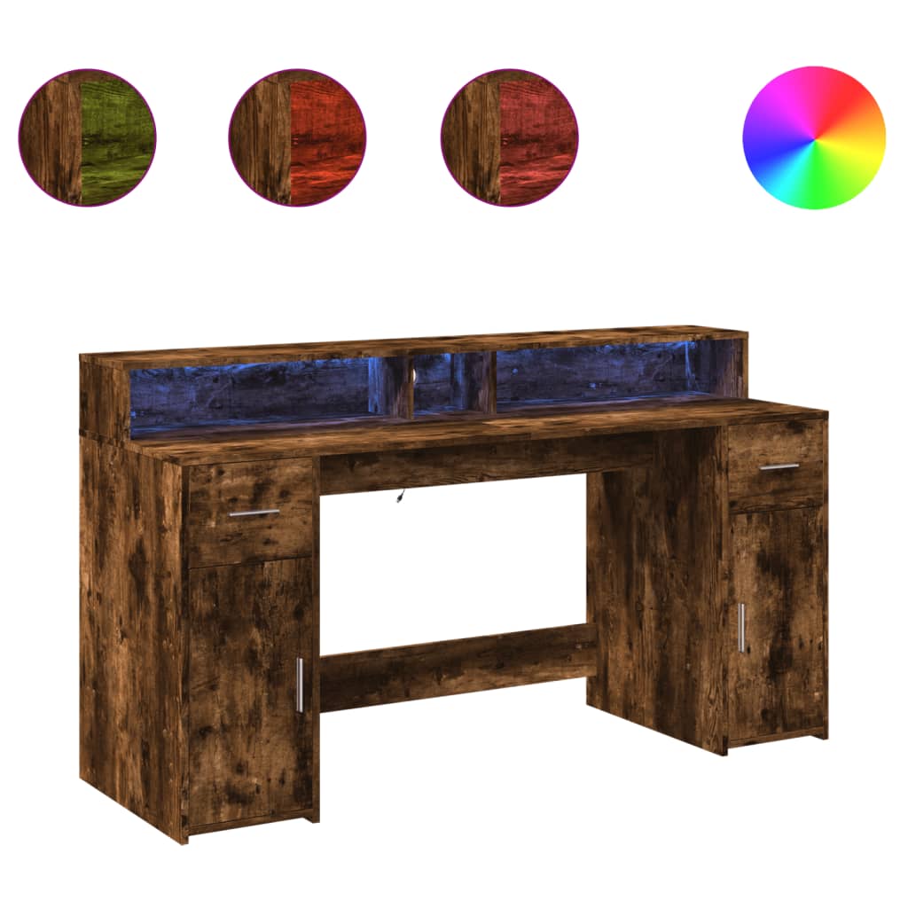 Modern Wooden 160cm Home Office Computer Desk Table With LED Lights & Storage