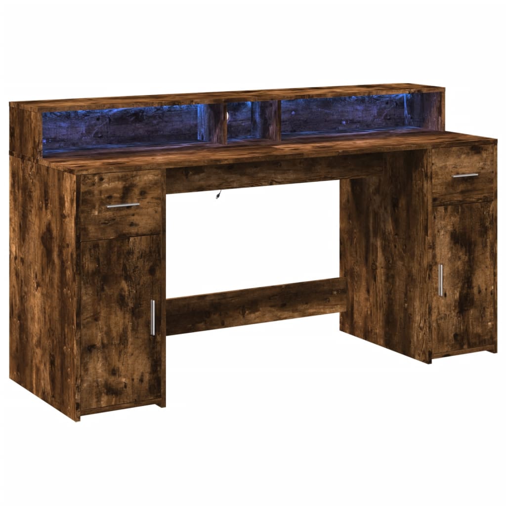 Modern Wooden 160cm Home Office Computer Desk Table With LED Lights & Storage