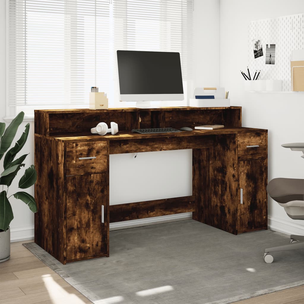 Modern Wooden 160cm Home Office Computer Desk Table With LED Lights & Storage
