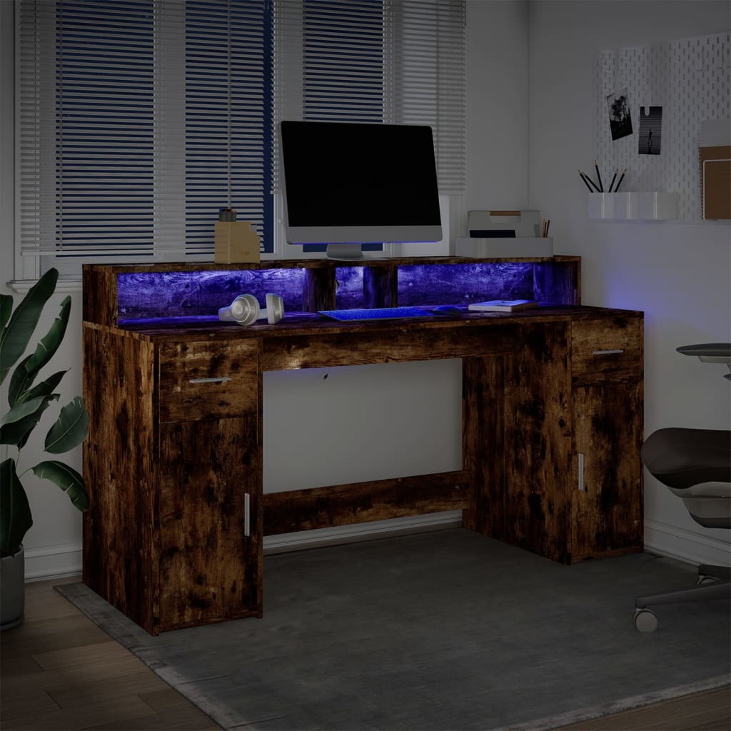 Modern Wooden 160cm Home Office Computer Desk Table With LED Lights & Storage