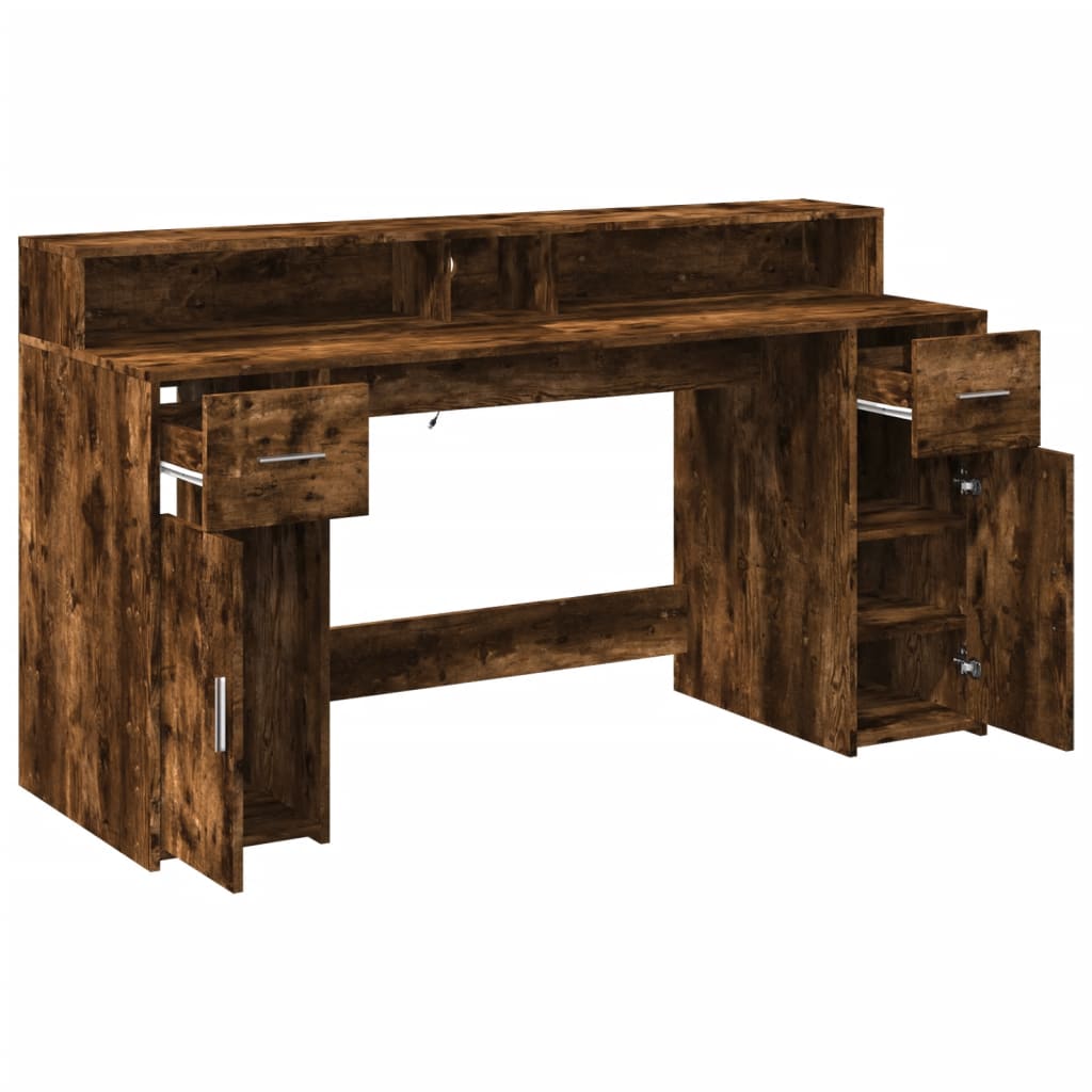 Modern Wooden 160cm Home Office Computer Desk Table With LED Lights & Storage