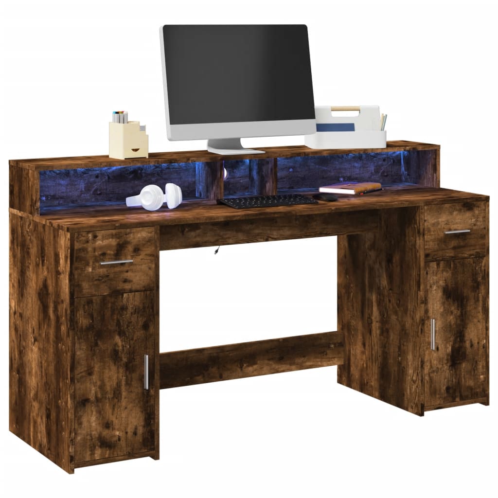 Modern Wooden 160cm Home Office Computer Desk Table With LED Lights & Storage