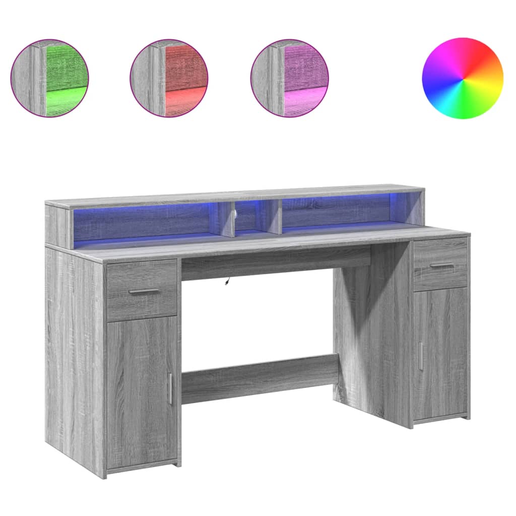 Modern Wooden 160cm Home Office Computer Desk Table With LED Lights & Storage