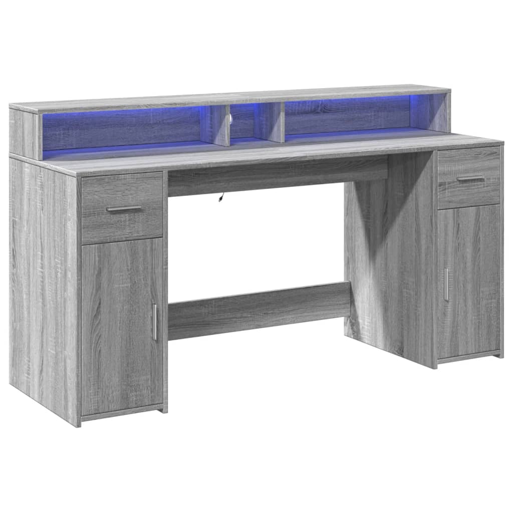 Modern Wooden 160cm Home Office Computer Desk Table With LED Lights & Storage