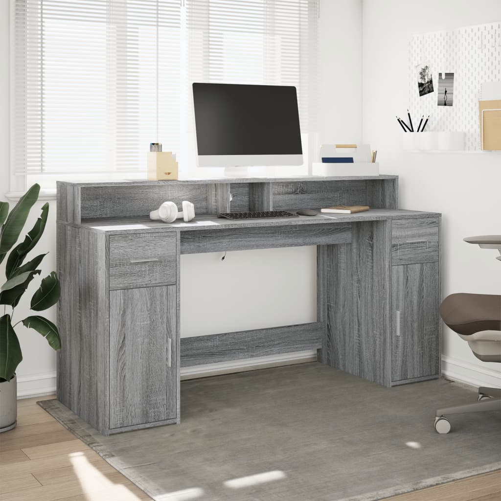 Modern Wooden 160cm Home Office Computer Desk Table With LED Lights & Storage
