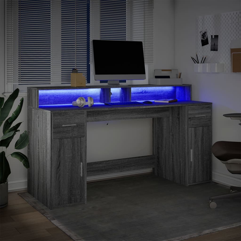 Modern Wooden 160cm Home Office Computer Desk Table With LED Lights & Storage