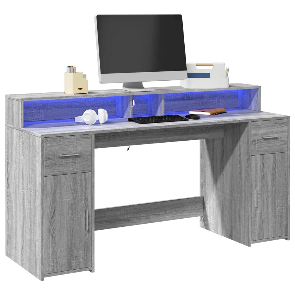 Modern Wooden 160cm Home Office Computer Desk Table With LED Lights & Storage