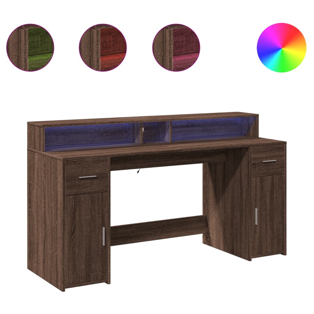 Modern Wooden 160cm Home Office Computer Desk Table With LED Lights & Storage