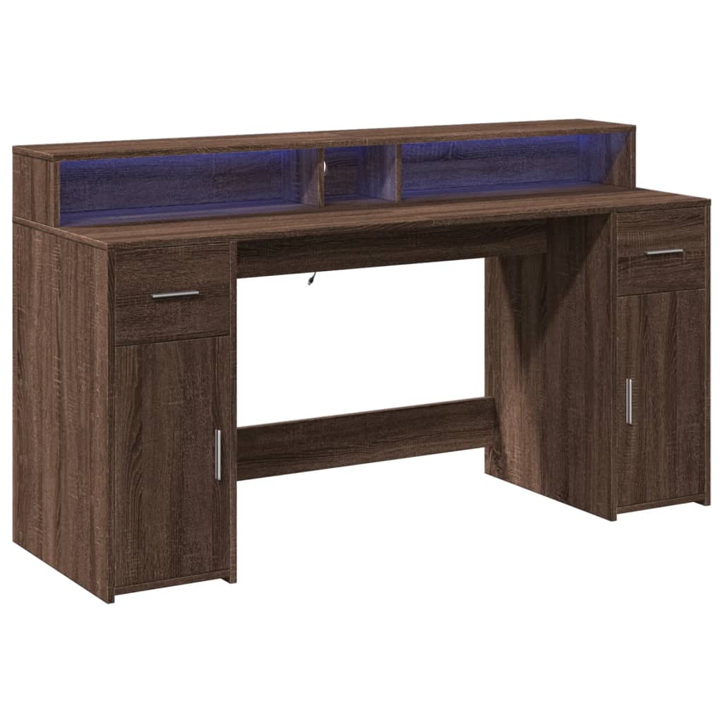 Modern Wooden 160cm Home Office Computer Desk Table With LED Lights & Storage