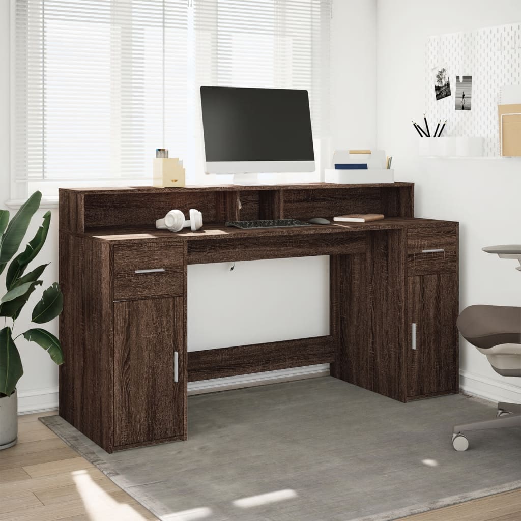 Modern Wooden 160cm Home Office Computer Desk Table With LED Lights & Storage