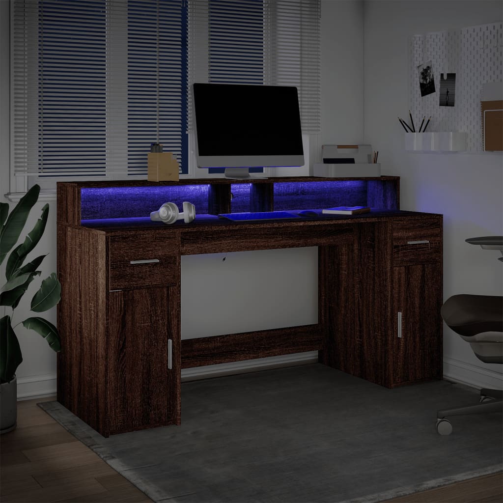 Modern Wooden 160cm Home Office Computer Desk Table With LED Lights & Storage