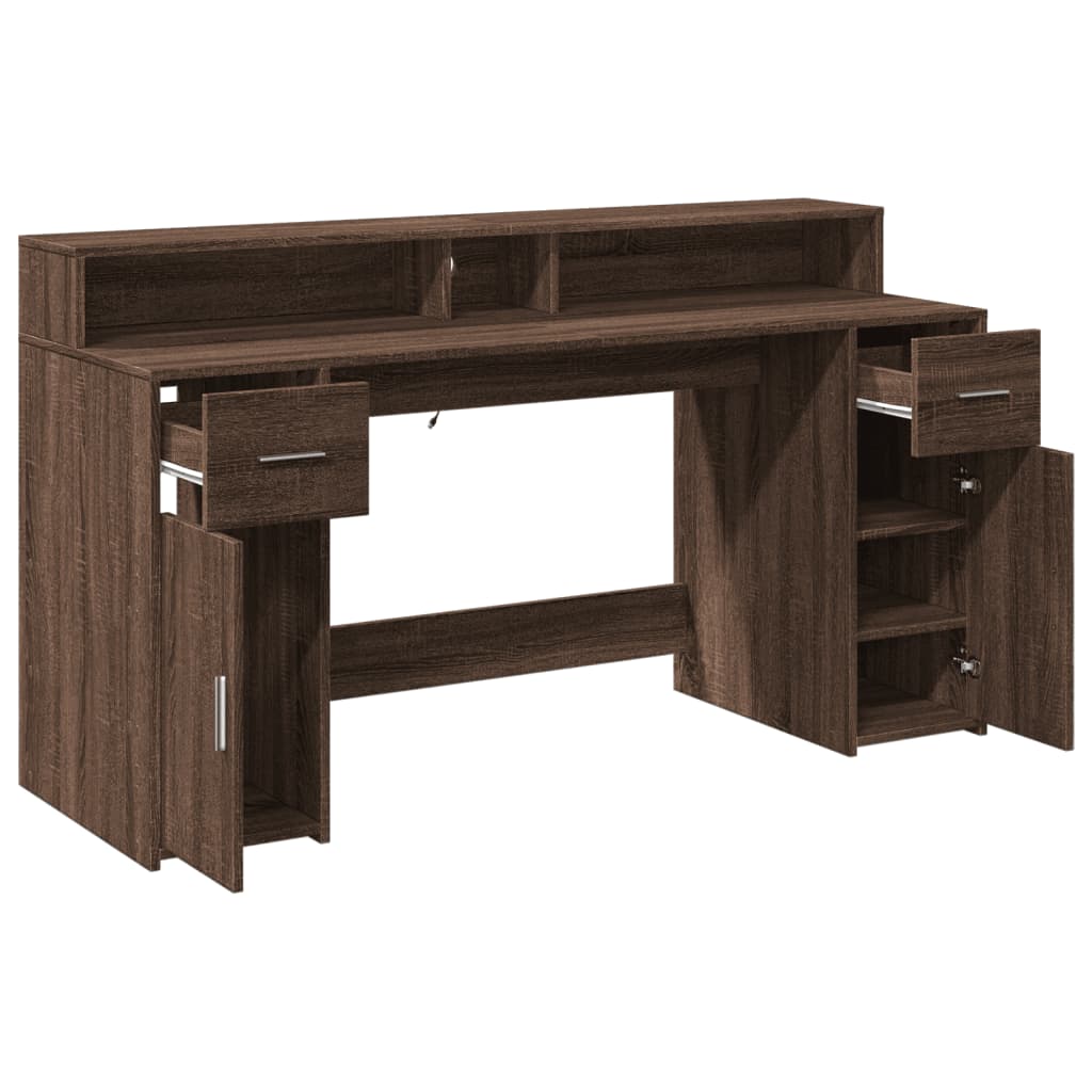 Modern Wooden 160cm Home Office Computer Desk Table With LED Lights & Storage