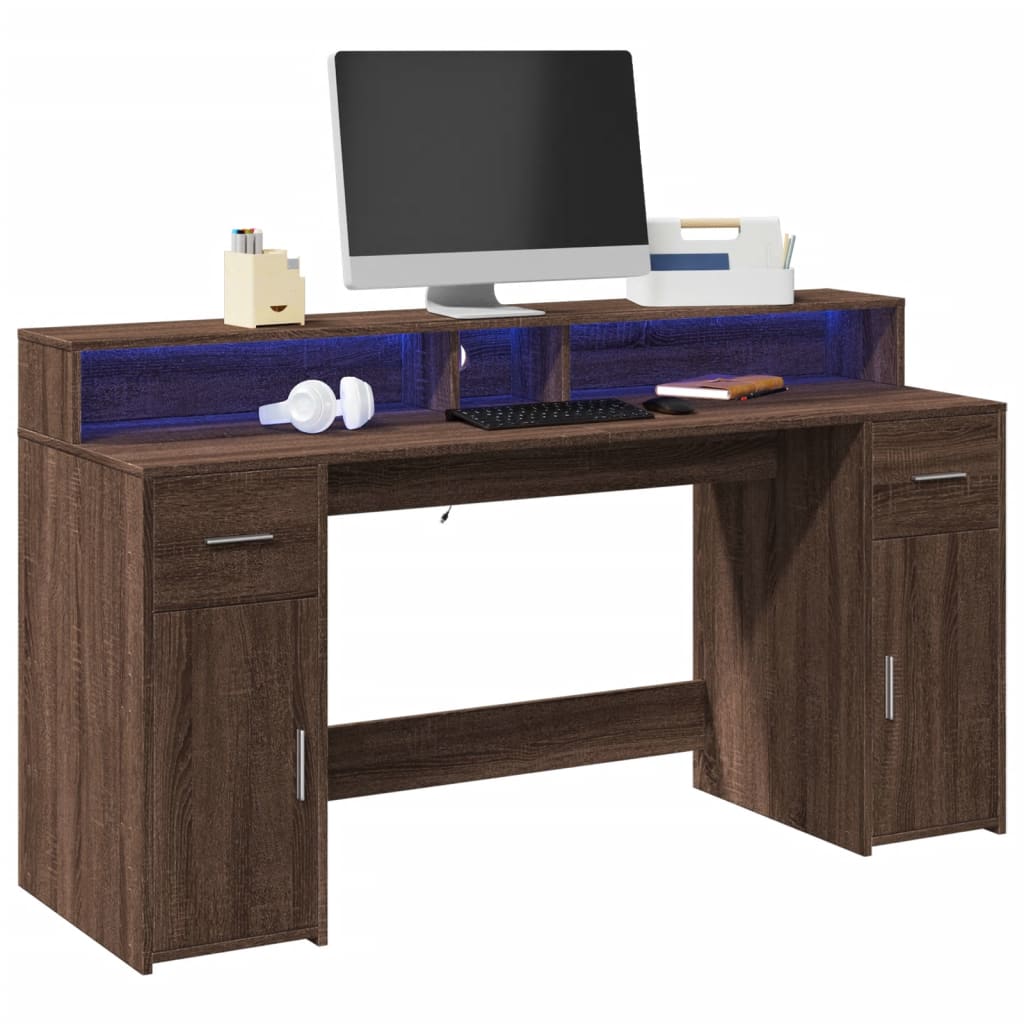 Modern Wooden 160cm Home Office Computer Desk Table With LED Lights & Storage