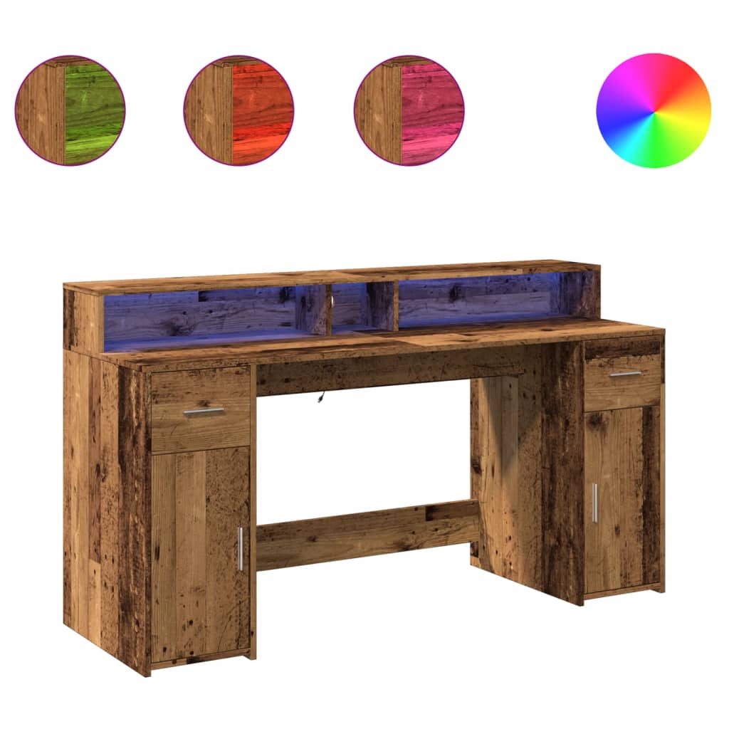 Modern Wooden 160cm Home Office Computer Desk Table With LED Lights & Storage