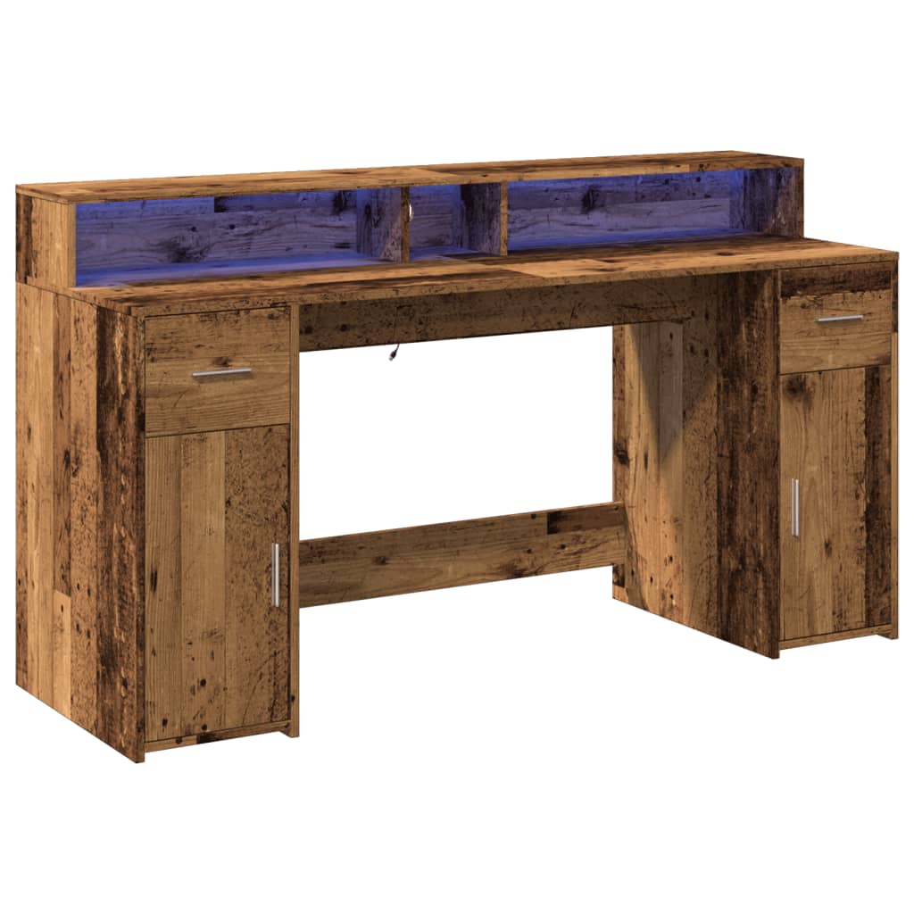 Modern Wooden 160cm Home Office Computer Desk Table With LED Lights & Storage