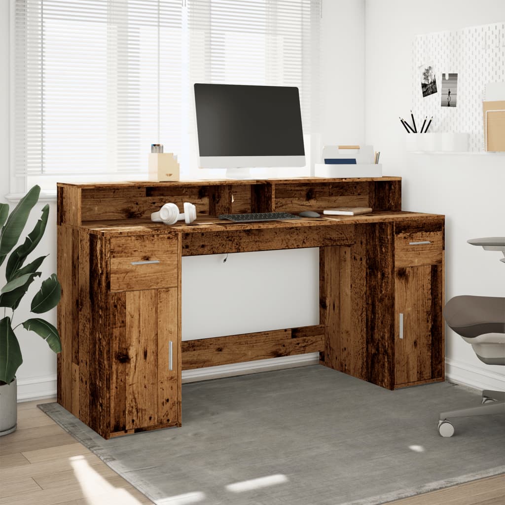 Modern Wooden 160cm Home Office Computer Desk Table With LED Lights & Storage