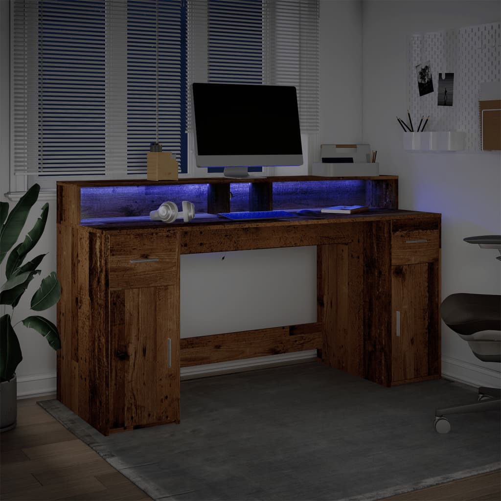 Modern Wooden 160cm Home Office Computer Desk Table With LED Lights & Storage