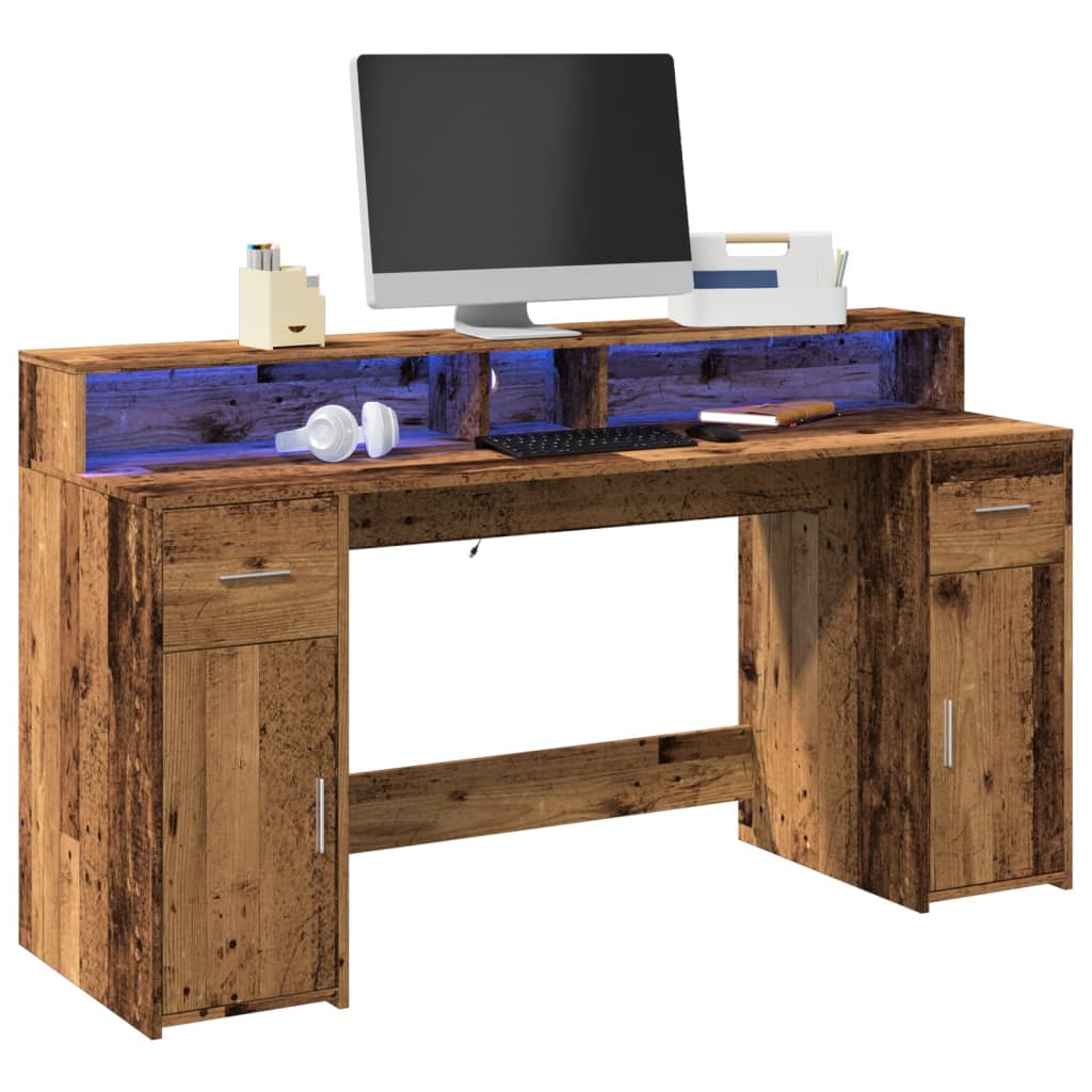 Modern Wooden 160cm Home Office Computer Desk Table With LED Lights & Storage
