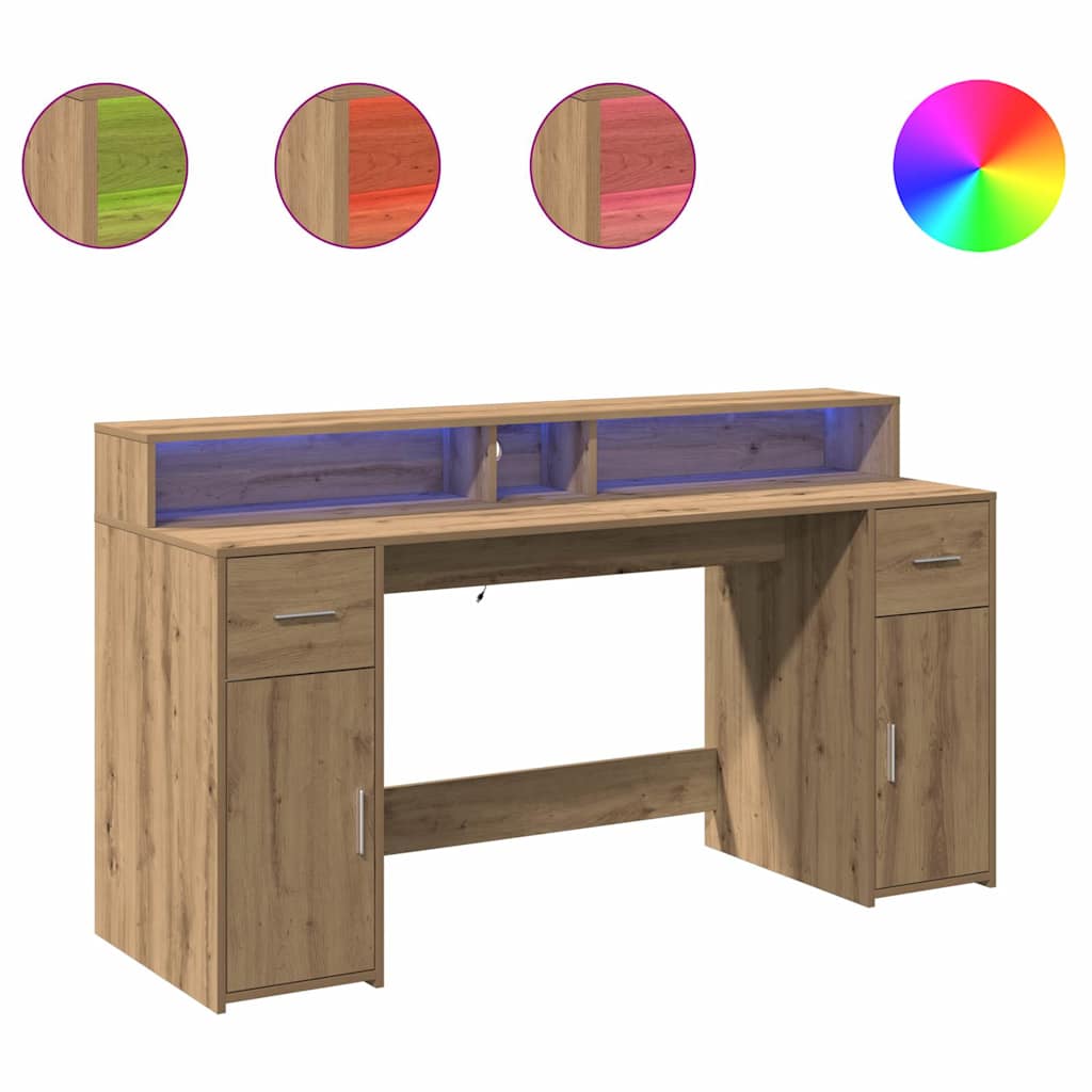 Modern Wooden 160cm Home Office Computer Desk Table With LED Lights & Storage