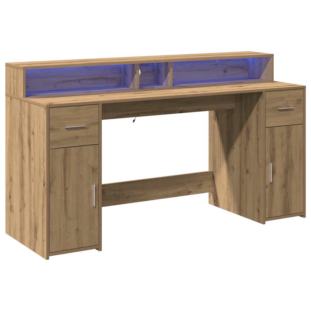 Modern Wooden 160cm Home Office Computer Desk Table With LED Lights & Storage