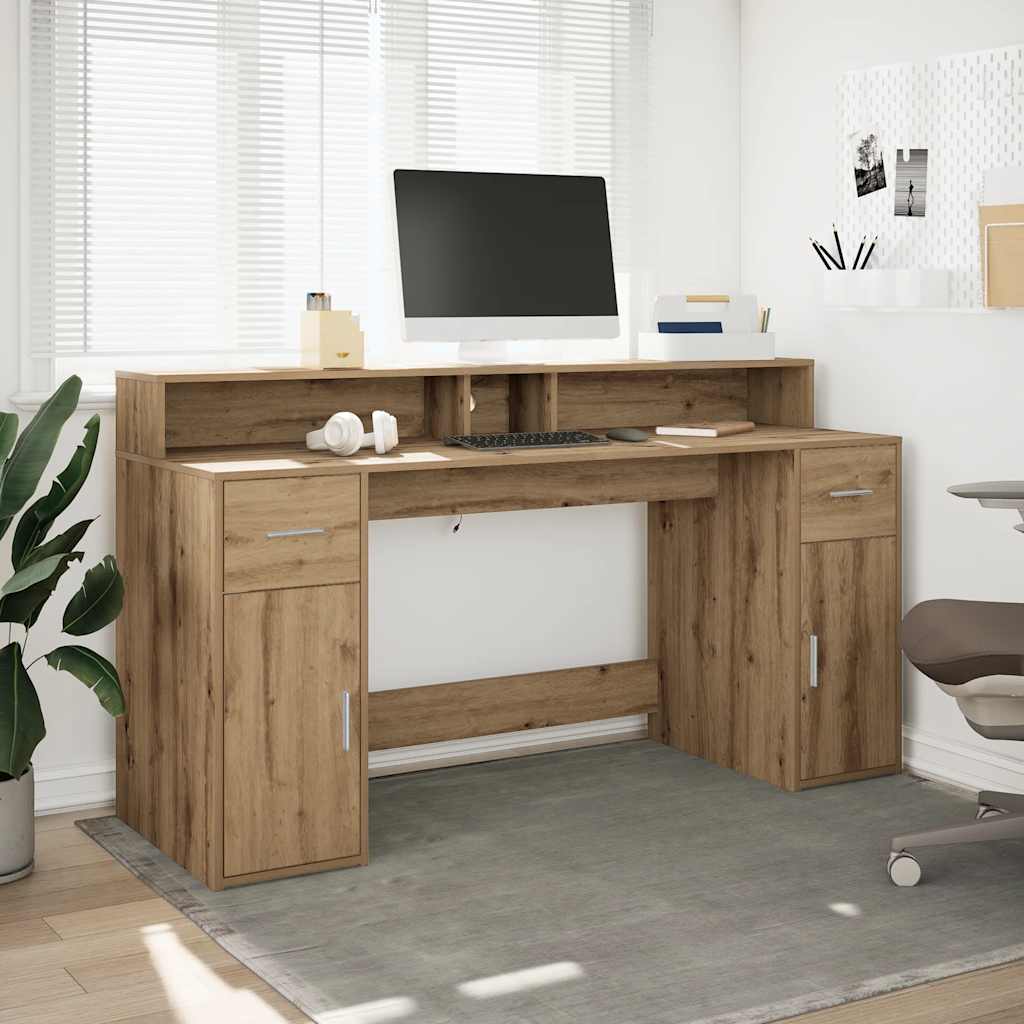 Modern Wooden 160cm Home Office Computer Desk Table With LED Lights & Storage