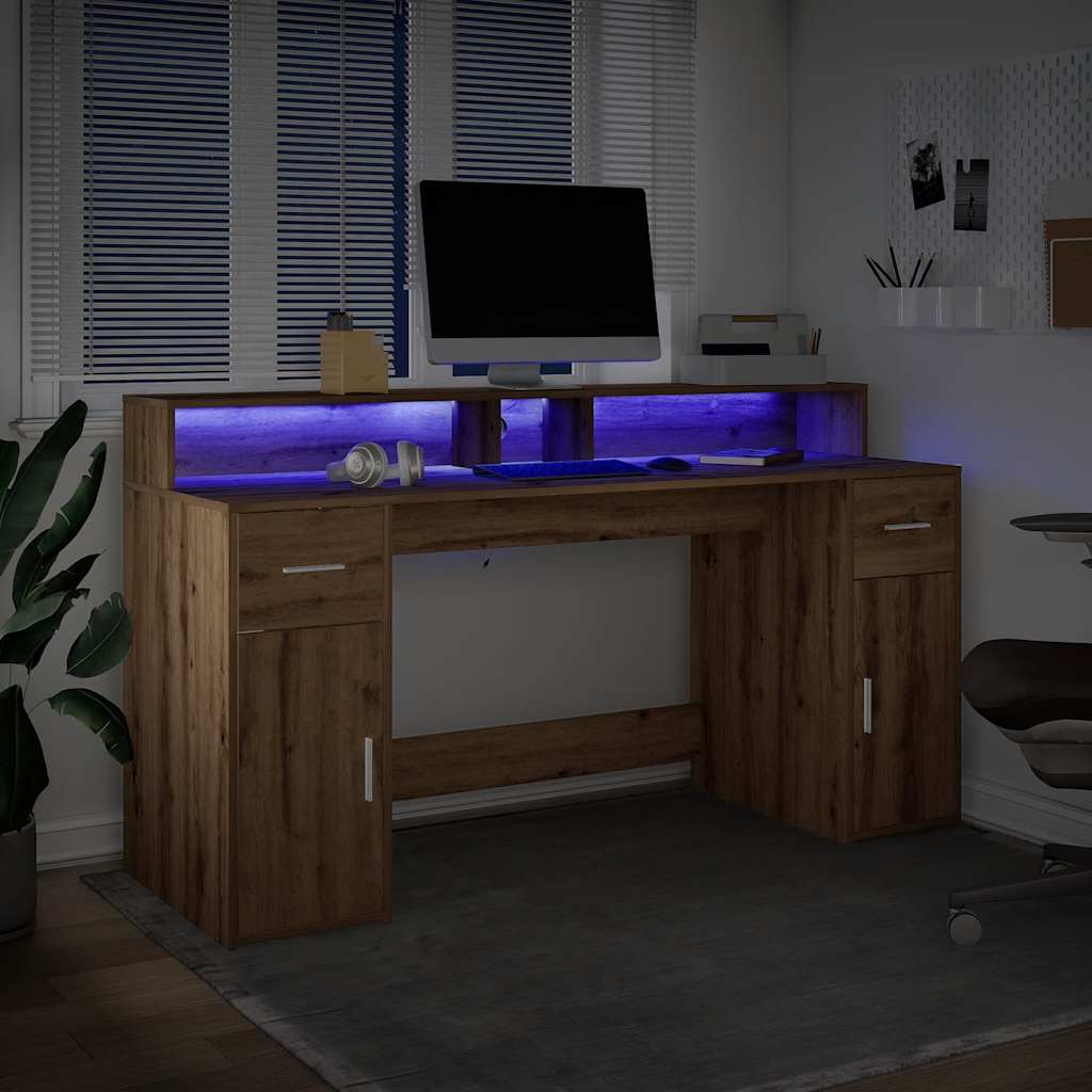 Modern Wooden 160cm Home Office Computer Desk Table With LED Lights & Storage