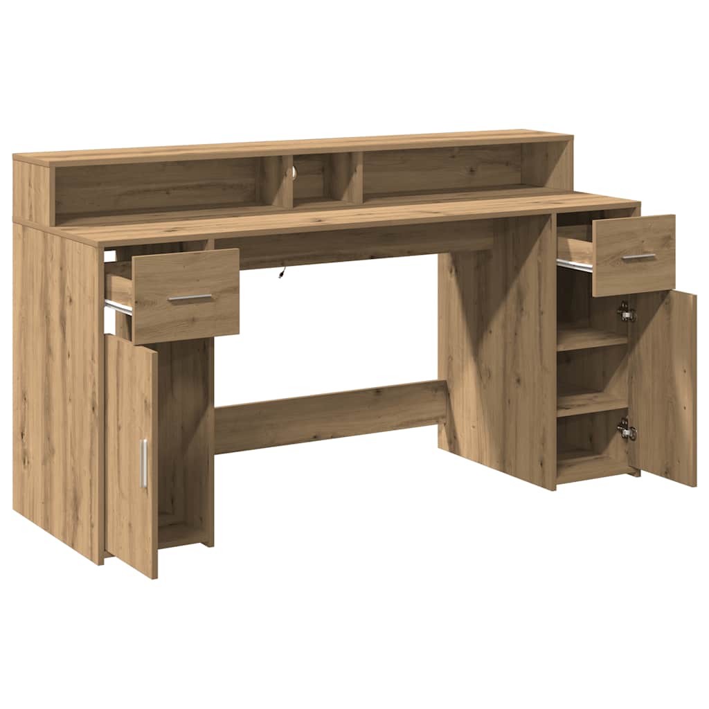 Modern Wooden 160cm Home Office Computer Desk Table With LED Lights & Storage