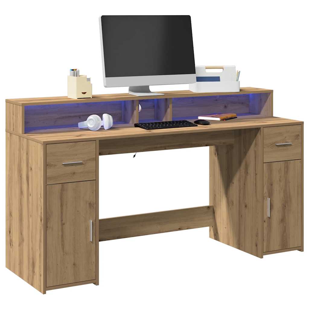 Modern Wooden 160cm Home Office Computer Desk Table With LED Lights & Storage