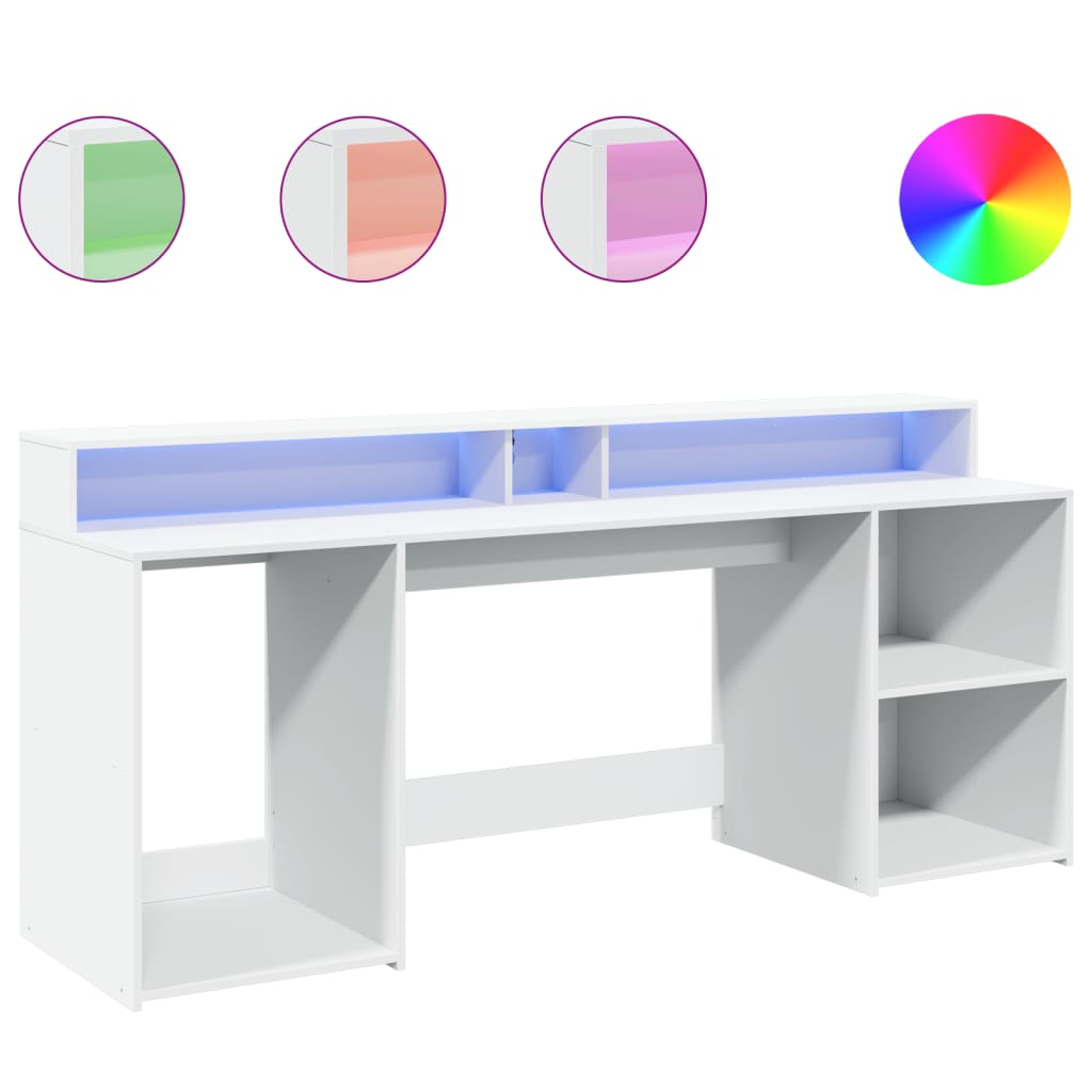 Modern Wooden 200cm Home Office Computer Desk Table With LED Lights & Storage