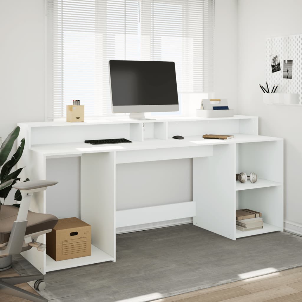 Modern Wooden 200cm Home Office Computer Desk Table With LED Lights & Storage
