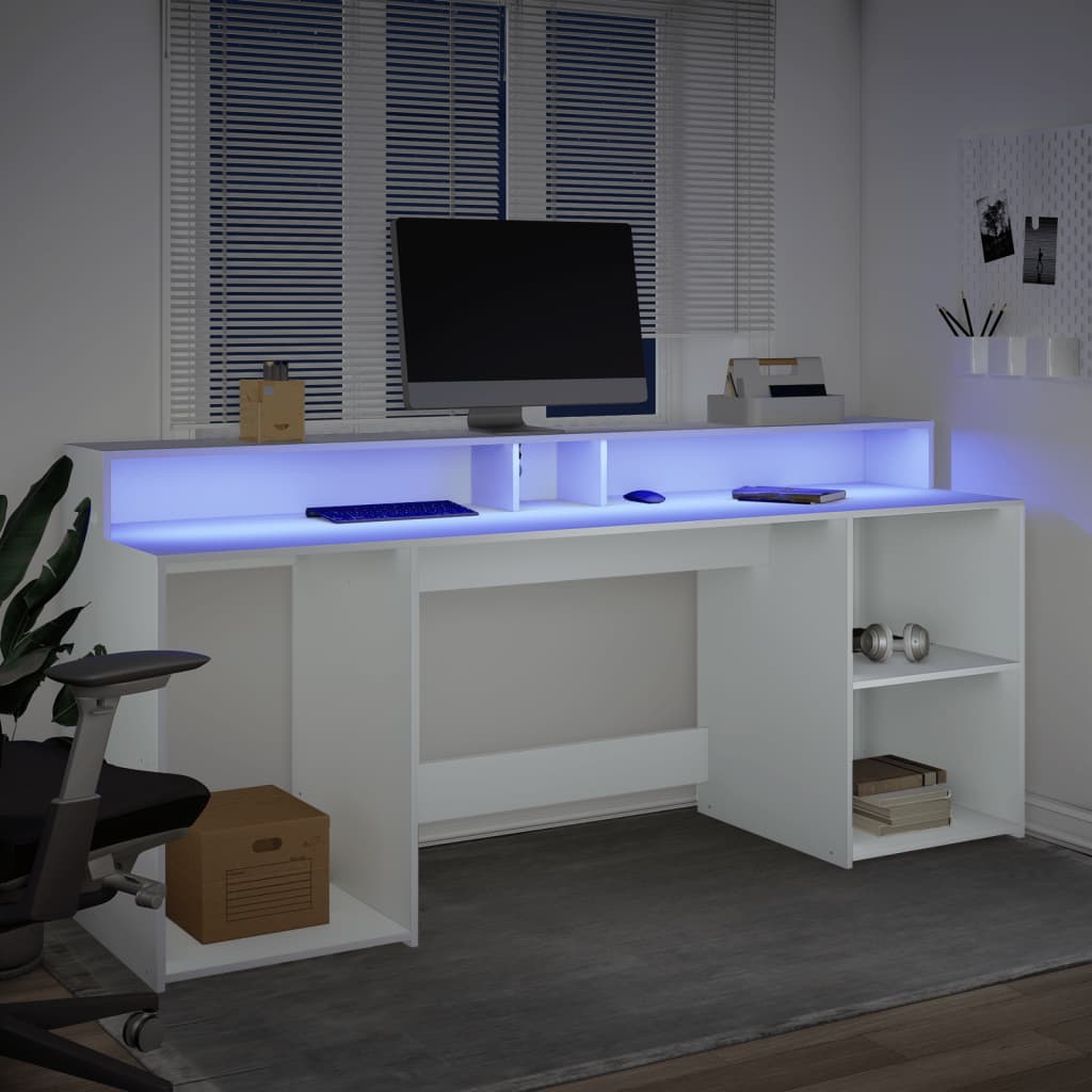 Modern Wooden 200cm Home Office Computer Desk Table With LED Lights & Storage