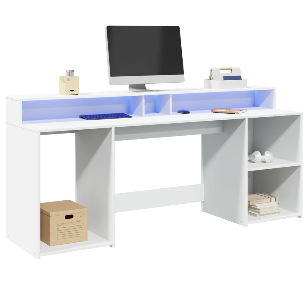 Modern Wooden 200cm Home Office Computer Desk Table With LED Lights & Storage