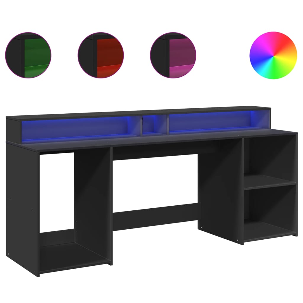 Modern Wooden 200cm Home Office Computer Desk Table With LED Lights & Storage