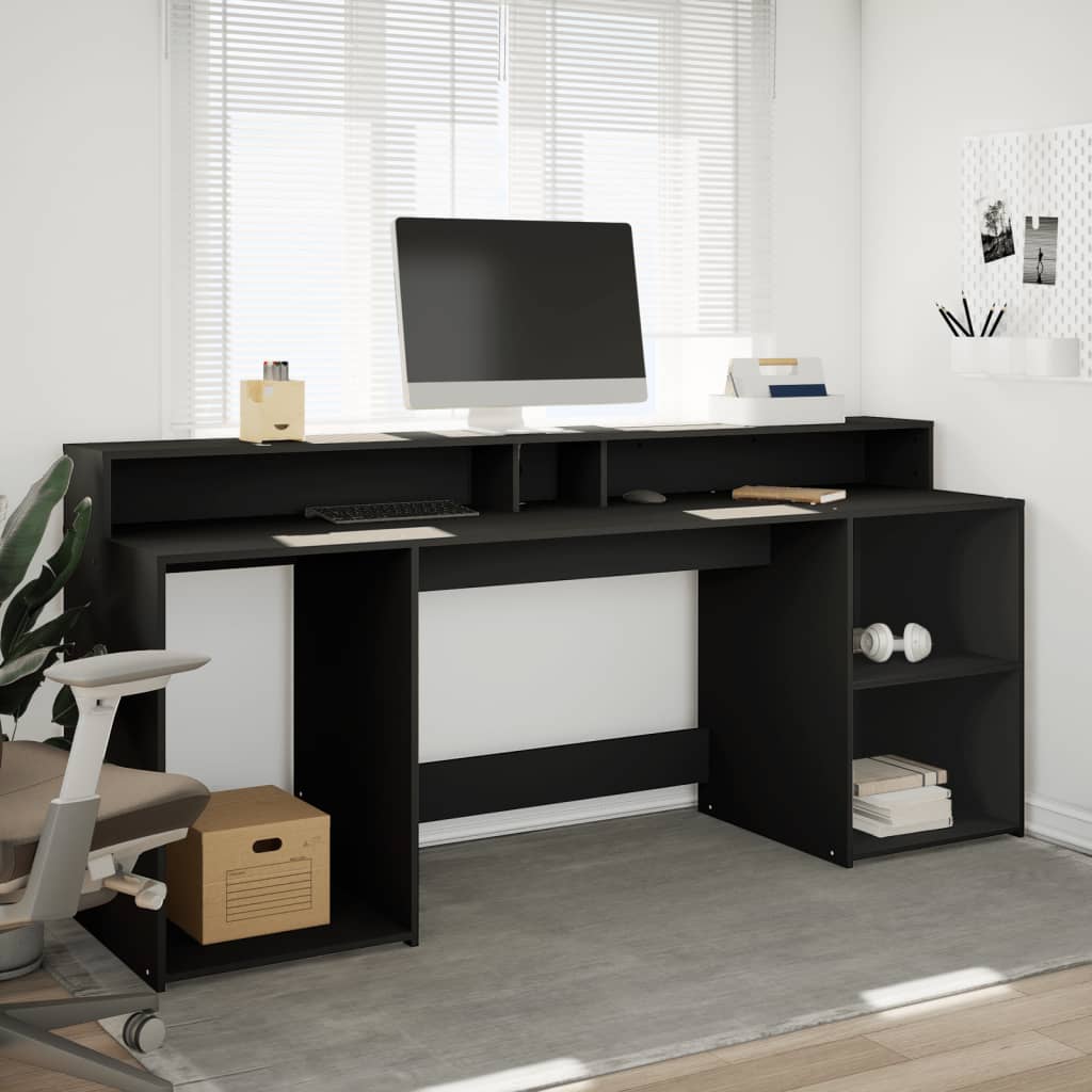 Modern Wooden 200cm Home Office Computer Desk Table With LED Lights & Storage