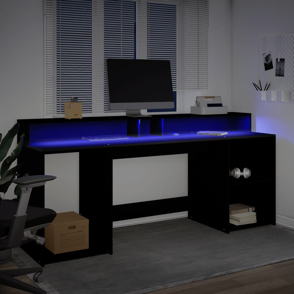 Modern Wooden 200cm Home Office Computer Desk Table With LED Lights & Storage