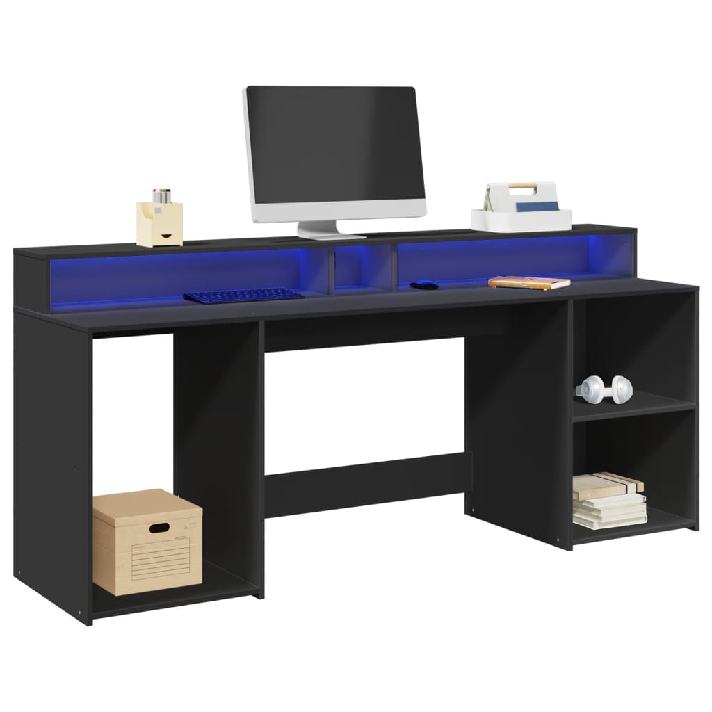 Modern Wooden 200cm Home Office Computer Desk Table With LED Lights & Storage